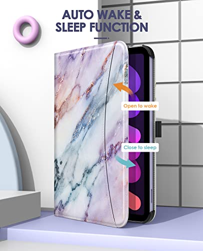 Dadanism Case Compatible With Ipad Mini 6Th Generation 8.3 Inch 2021, Flexible Hand Strap & Card Slots, [Multi-Angle Viewing Stand] Shockproof Cover Fit Ipad Mini 6 Auto Sleep/Wake, Purple Marble #TOP4