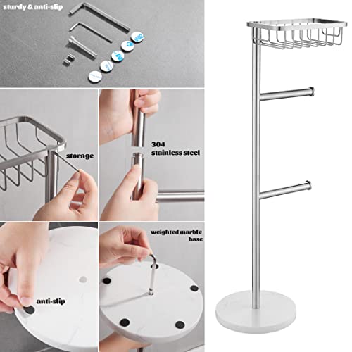 Brushed Nickel Toilet Paper Holder Stand, Free Standing Double Mage Tissue Paper Holder With Wet Wipes Storage Basket, Modern Marble Base Toilet Roll Holder For Bathroom #TOP4