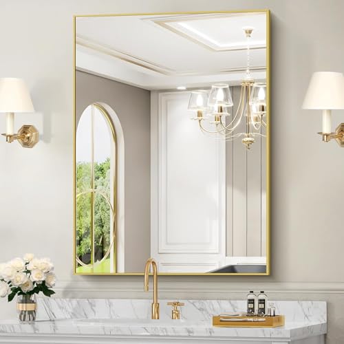 Image of COFENY 30x40In Gold Bathroom Mirror for Wall, Brushed Gold Rectangle Mirrors with Metal Frame, Bathroom Rectangular Mirror Modern Wall Mirror for Bedroom Living Room, Hangs Horizontal or Vertical
