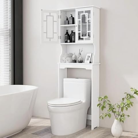 BestComfort Over The Toilet Storage Cabinet, Home Bathroom Space Saver Organizer Above Toilet, Double Doors and Adjustable Shelf, Wooden Freestanding Toilet Storage Rack Unit, 67 in H (White) Cover