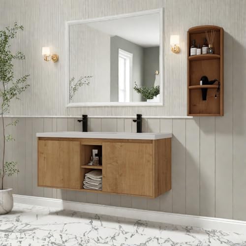 Image of Floating Bathroom Vanity, 48 inch Bathroom Storage Cabinet with Double Resin Sinks, 2 Soft-Close Doors & 2 Open Storage Shelves, Wall-Mounted Vanity with Extra Three-Layer Spacious Shelves, Oak