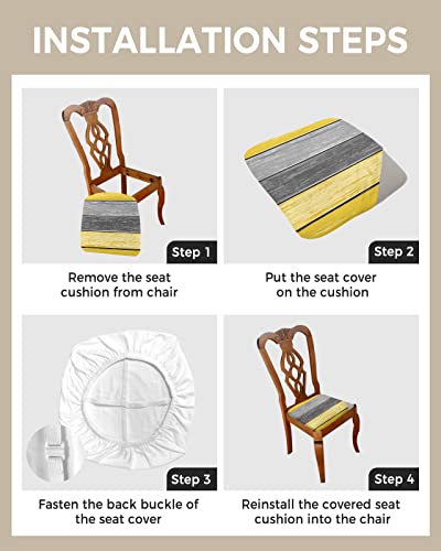 Vograud Seat Covers For Dining Room Chairs, Rustic Barn Wood Yellow Brown Fitted Stretch Jacquard Chair Seat Covers, Removable Washable Kitchen Dining Chair Slipcovers Protector Set #TOP3