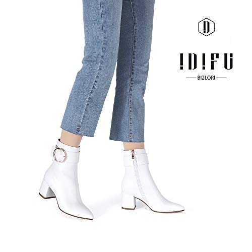 Idifu Women Dressy Chunky Heel Ankle Boots Pointed Toe Metal Ring Zipper Short Booties -Need Half Size Up (White Pu, 7.5) #TOP1