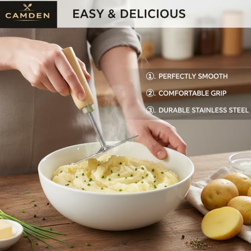 Image of CAMDEN Premium Stainless Steel and Wooden Handle Potato Masher | Strong Handle with Premium Polish | Rust Free Heavy Duty Vegetable Masher for Kitchen (Square)