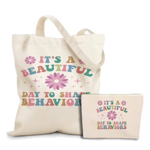 To Shape Behaviors 2pcs Cosmetic Bag Canvas Tote Bag for Women, Beach Grocery Canvas Tote, Behavior Therapist ABA Therapist Appreciation Gift for Friend Nurse Birthday Christmas Mental Health Gifts
