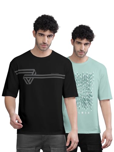 Image of BULLMER Trendy Front and Back Printed Oversized Round Neck T-Shirt for Men - Pack of 2