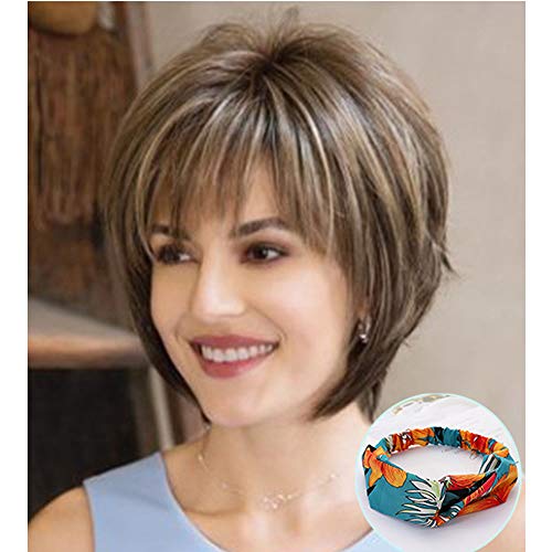 SSZLU Short Fluffy Brown Mix Blonde Hair with Bangs Heat-Resistant Fiber Synthetic for Women Hair (1 Wig + 1 Hairband)