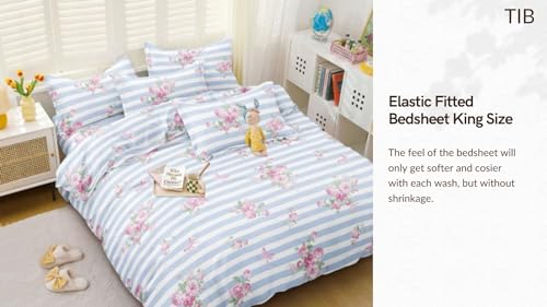 Image of TIB The Intellect Bazaar Glace Cotton Elastic Fitted Bedsheets King Size | Bedsheet for Double Bed with 2 Pillow Covers (72 inch x 78 inch or 182 x 152 cm) Blue Pink Floral