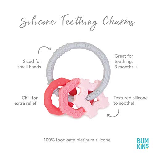 Image of Bumkins Baby Teething Freezer Toy Keys Rings, Soft Flexible Pacifier to Chew, Cool Teether Gum Relief, Babies 3 Months, Freezable Platinum Silicone, Sensory Bracelet with Charms, Pink and Gray