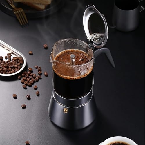 Image of Saiyam Classic Stovetop Espresso Maker for Great Flavored Strong Espresso 4 Espresso Cup Classic Italian Style Espresso Moka Pot Borosilicate Glass and Stainless Steel Built(200ml, Silver)