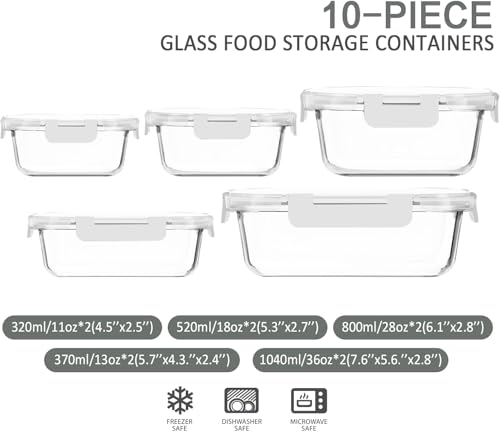 M MCIRCO 10-Pack Glass Food Storage Container with Lids, Airtight Lunch Bento Boxes, Glass Meal Prep Container,Microwave, Oven, Freezer and Dishwasher Friendly, White by M MCIRCO - Image 2