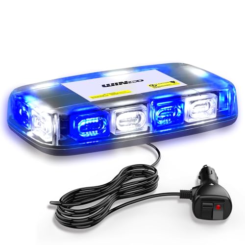 WINECO Blue White 72LED Roof Top Strobe Lights, High Visibility Emergency Safety Warning LED Mini Strobe Light bar with Magnetic for 12-24V Snow Plow, Trucks, Construction Vehicles