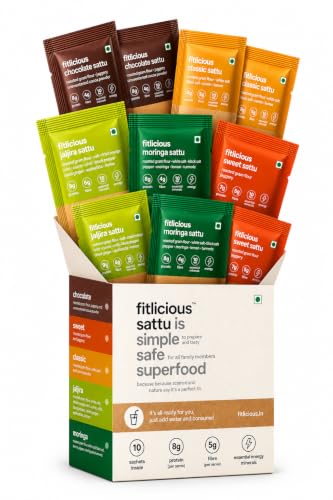 Image of fitlicious Assorted Sattu Powder | Bihari Chana Sattu | Natural & Organic | Gluten-Free, Non-GMO | High Protein & Fiber | Instant PremiX | Healthy Drink For All Ages | Pack Of 10 X 40g Sachets