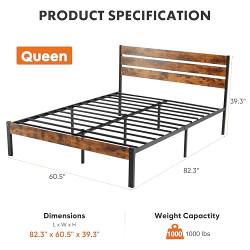 Sweetcrispy Queen Size Bed Frame with Headboard, 800LBS Mattress Foundation with All Sturdy Metal Support, Under Bed Storage, No Box Spring Needed, Easy Assembly, Rust Brown by Sweetcrispy - Image 2