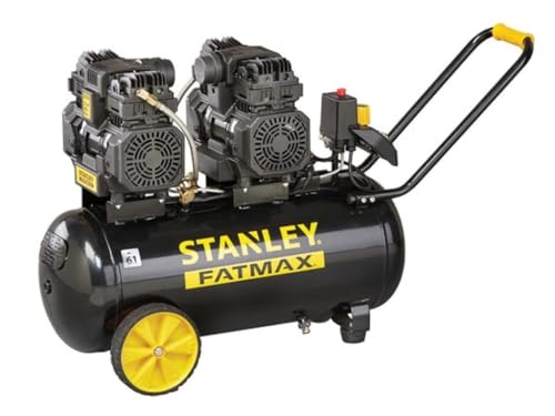 Stanley Fatmax Compresor, 50 litros, 8 bar, silencioso sin aceite, modelo horizontal, 3 cv, 320 l/min caudal de aire, portátil, negro amarillo, apto para inflado y herramientas neumáticas