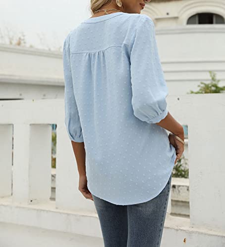 Hathne Women's V Neck Swiss Dot Tops Short Sleeve Chiffon Casual Shirts Blouses (B#Light Blue(3/4 Sleeve), Medium) #TOP6