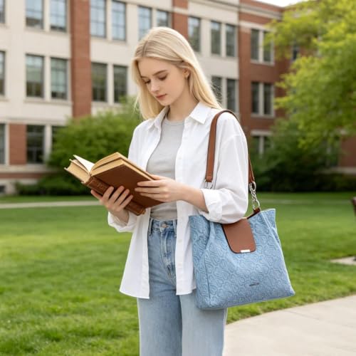 Image of BESMART Denim Tote Bag for Women, Large PU Leather Canvas Shoulder Bags with Circle Chain