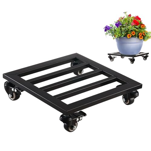 Wensmy 30 * 30 * 8cm Black Metal Planter Flower Pot Caddy with Rolling Wheels Heavy Duty Iron Plant Stand with Swivel Casters for Indoor Outdoor Use