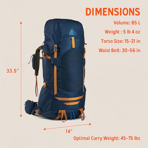 Image of Kelty Glendale 65L to 105L Internal Frame Backpack - Multi-day Backpacking Thru Hiking Pack, Adjustable Suspension, Customized Fit (Pageant Blue, 85L)