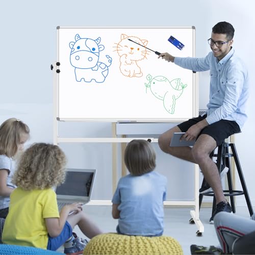 BSTPCOO Dry Erase Board with Stand 36"x24", Height Adjustable Mobile White Board with Stand Rolling Magnetic Whiteboard on Wheels Standing Whiteboard Including 1 Eraser, 2 Markers and 20 Magnets