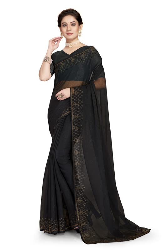 Manu Fashion Era Black Siroski Stone Work Shimmer Chiffon Saree Sari For Women with Attach Blouse Piece
