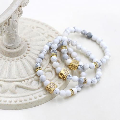 Image of Inlaid Zircon 12 Constellation Adjustable Stretch Bracelet - 6mm Frosted White Turquoise Beaded Bracelets for Women Men SJYA4647