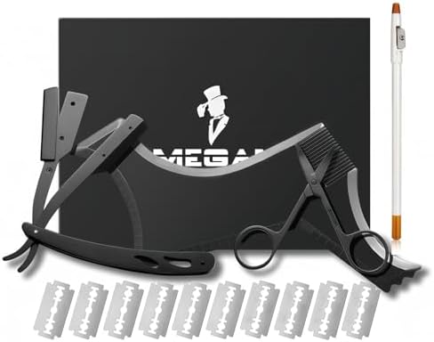 Megan beard shaping tool,5 piece set beard shaper for man - include professional straight edge razor,template guide,10 count of double edge blades,barber pencil and stainless steel scissors.