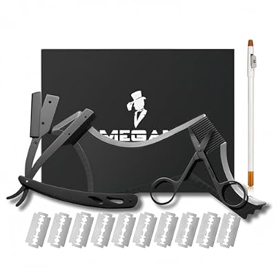 Megan beard shaping tool,5 piece set beard shaper for man - include professional straight edge razor,template guide,10 count of double edge blades,barber pencil and stainless steel scissors.