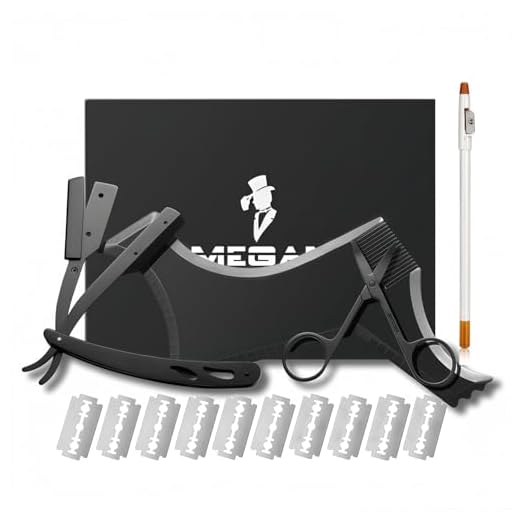 Megan beard shaping tool,5 piece set beard shaper - include Professional Straight Edge Razor,beard template,10 Count of double edge blades,barber pencil and Stainless steel scissors.