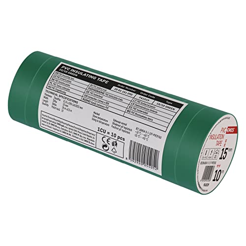 EMOS PVC-Isolierband Grün 10er Pack, 15mm x 10m, 0,13mm Bandstärke, selbstklebend, hohe Spannungsfestigkeit und Anwendungstemperaturbereich, UV-beständig, wasserdichte Verbindung, ohne Textilgewebe