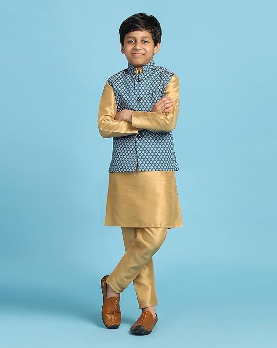 tututree Boys Nehru Jacket | Kids Indo-Western Waistcoat, Modi Coat, Sleeveless Kurta Vest for Wedding, Party & Ethnic Wear | Adjustable Fit | Ages 3–14 Years (Blue, 5 to 6 Y) 3
