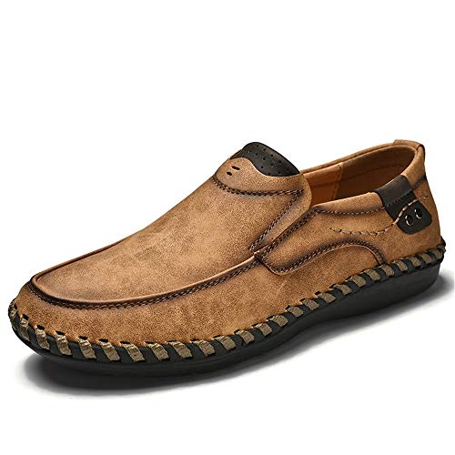 Lightweight Breathable Hand-Made Loafers for Men Microfiber Leather Anti-Slip Flat Casual Shoes Lined Slip-on Round Toe(Yellowish-Brown,10 M US)