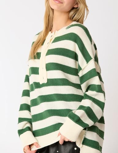 Womens Striped Pullover Sweater Casual Long Sleeve Button Down Crewneck Sweatshirt Oversized Knit Jumper Tops4
