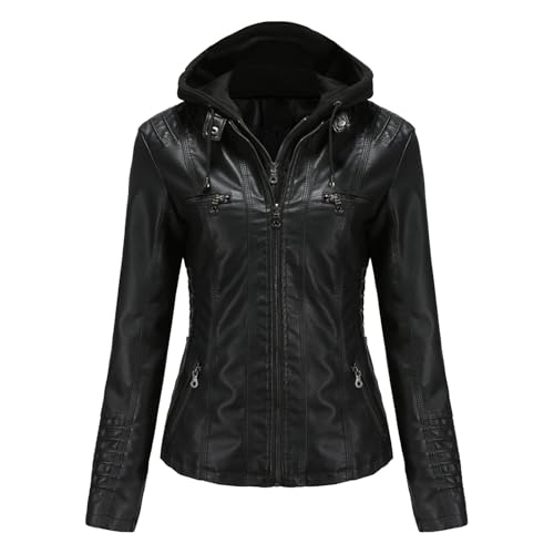 Women's Faux Leather Biker Jacket Hooded Bomber Coat Fall Jackets Trendy for Women 2025