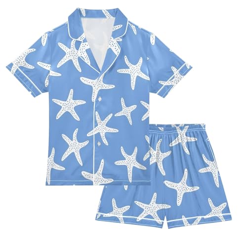 Blue Simple Starfish Pattern Summer Satin Pajama Set, Cute Button-Down Sleepwear Pj Set for Sleep Wears