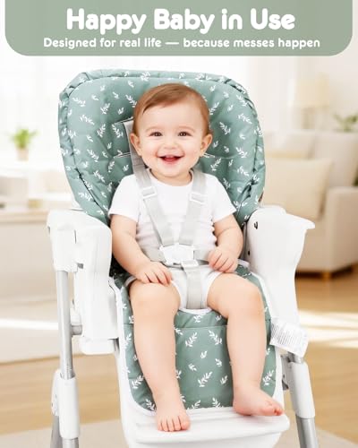 Image of Baby High Chair Cover Replacement, Reversible & Waterproof High Chair Cushion Pad Home & Restaurant use, Includes 5-Point Harness Strap, Chair Not Included (Dark Green)