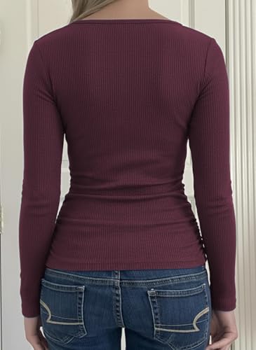 Image of Womens Lace Long Sleeve Top Paneled Henley Shirts Y2k 2000s Fitted Going Out Tops Blouse