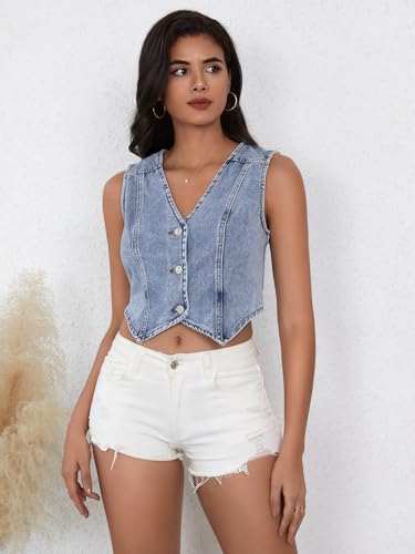 SHENHE Women's Denim Vest Button Down Sleeveless Jean Vest Top Y2K Cropped Denim Top Cowgirl Western Outfits4