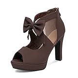 GATUXUS Open Toe Women Platform Chunky High Heel Shoes Bows Strappy Sandals (US 8, Coffee)