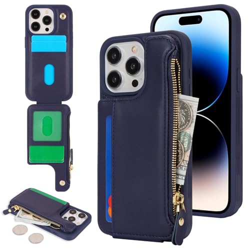 Étui portefeuille iPhone 14 Pro Cavor bleu avec porte-cartes et fermeture éclair