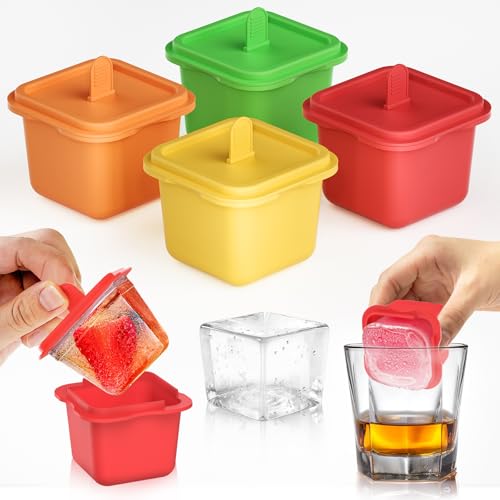 Set de 4 moldes de cubiteras para hielo grande y moldes para helados, molde de cubo de hielo de 5 cm con tapas para whisky, cócteles y bourbon, con palitos (amarillo, naranja, verde, rojo)