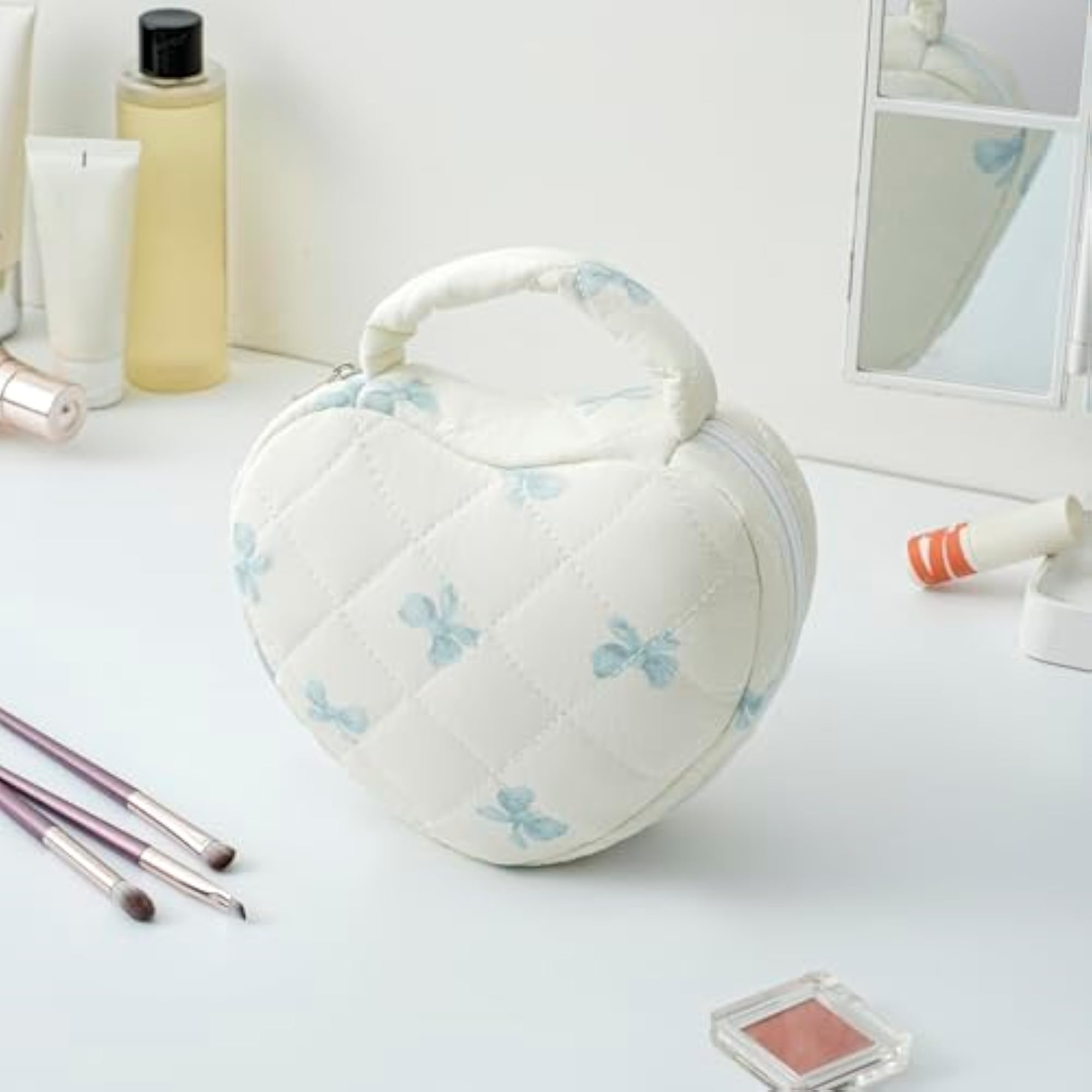 Quilted Heart Shaped Makeup Bag, Floral Coquette
