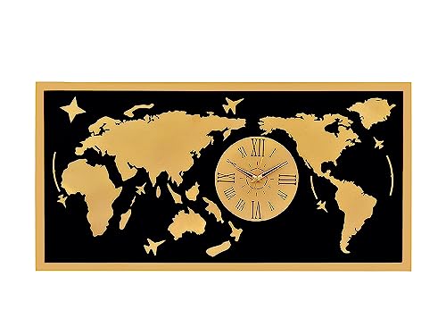 Image of METSY Metal Laser Cut (World Map with Analogue Clock) with LED Strip Lighting | World Clock Map for Wall |(Golden World map) (4x2) feet | Metal Wall Art | Wall Decor Items