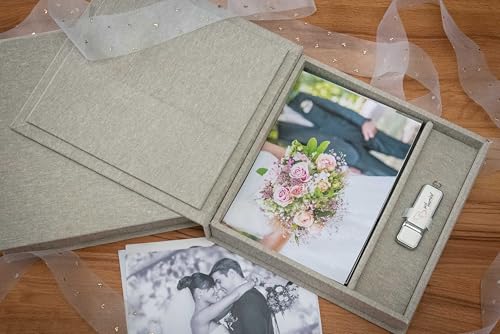 Hochzeit Foto Box mit USB Fach – Erinnerungsbox für Fotos 13x18 cm, Premium Leinen Aufbewahrungsbox, Geschenkbox für Hochzeit, Geburtstag, Familienfeiern & besondere Momente (Grau, 21x21 cm)