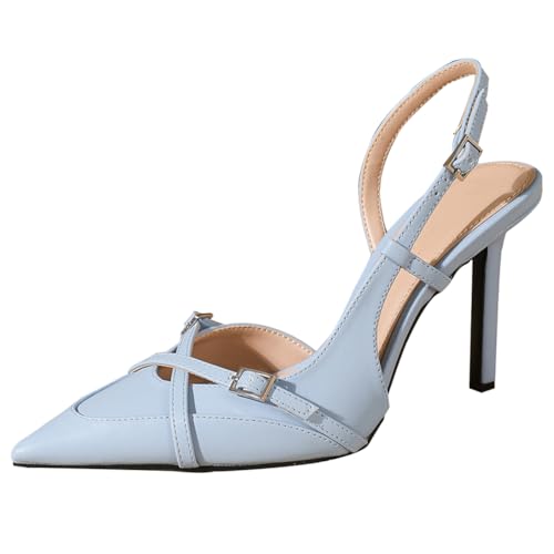 Escarpins bleu clair à talon aiguille et lanière cheville pour femme