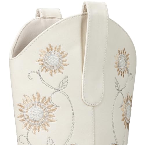 Image of Cowboy Boots for Women - Mid Calf Western Sunflower Cowgirl Boots with Floral Embroidery, Square Toe Stitched Pull On Retro Design, Perfect for Country Idyll, Concerts and More