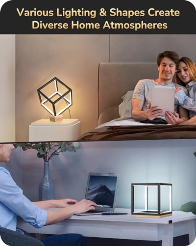 Edishine Modern Led Table Lamp, Minimalist Bedside Lamp With Solid Wood Base, 3 Way Dimmable, 3000K/4500K/6000K, 470Lm, Black Gold Square Geometric Nightstand Lamp For Living Room thumb #6