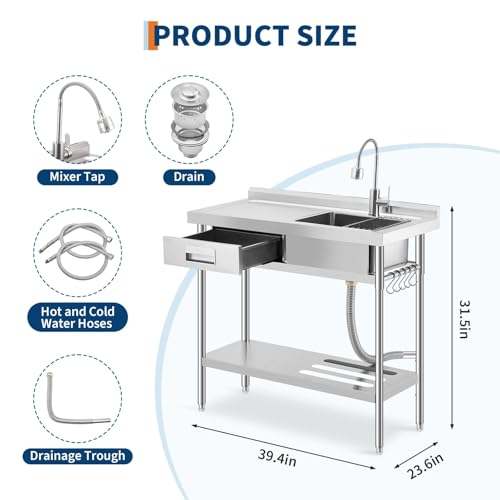 Image of Garvee Stainless Steel Utility Sink with Left Workbench & Drawer, Commercial Freestanding Sink with Faucet, Knife Rack, Storage Shelf & Adjustable Legs for Kitchen Garage Outdoor