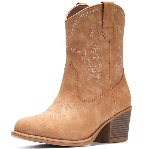 Image of IXU Cowboy Boots for Women Ankle Cowgirl Booties Wide Mid Calf Pointed Toe Western Boots Short Chunky Classic Booties