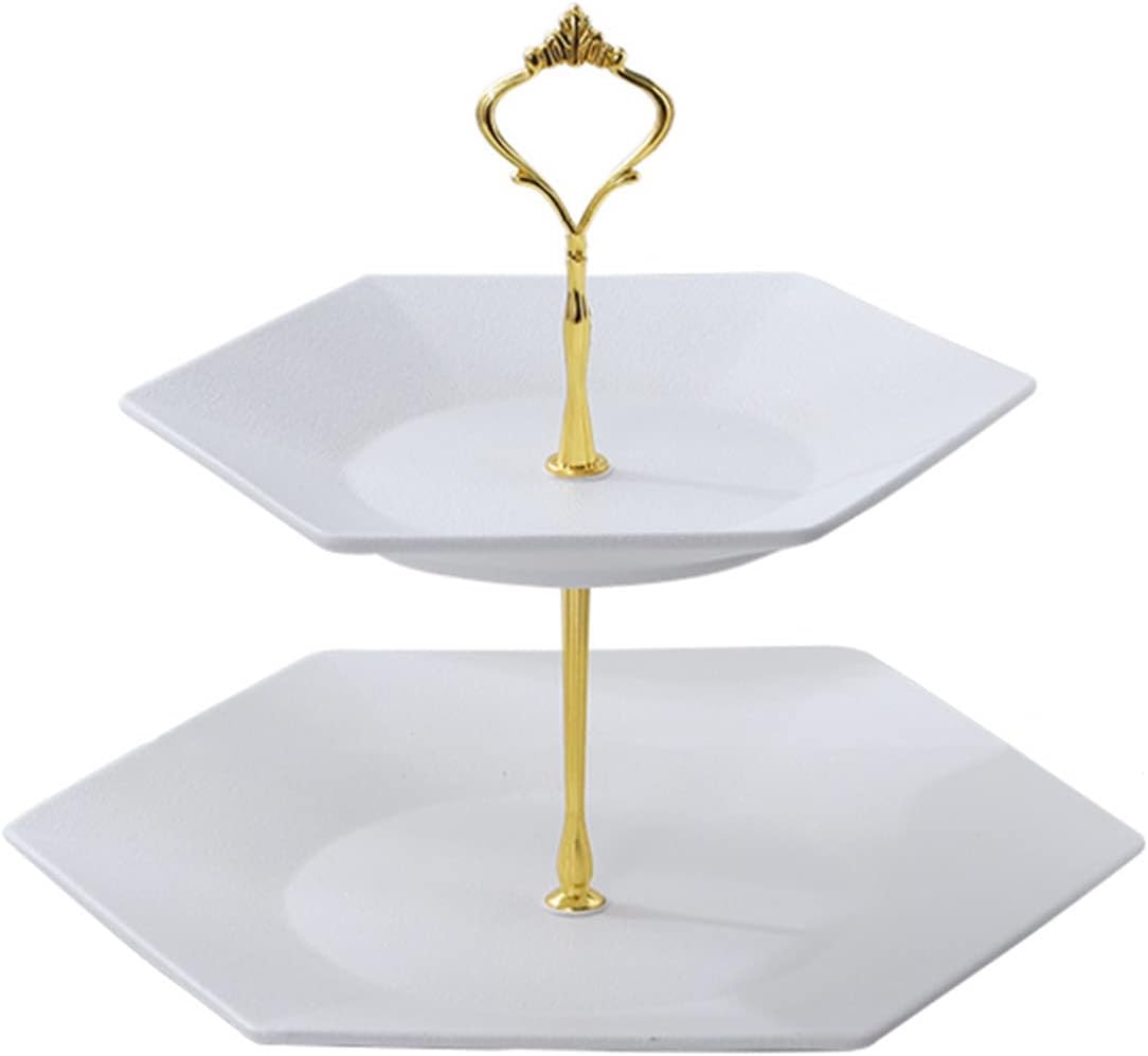 デザートディスプレイスタンド、ケーキスタンド2段、ケーキサーバー ケーキスタンド 六角形のセラミックプレート2枚付き、フルーツプレー